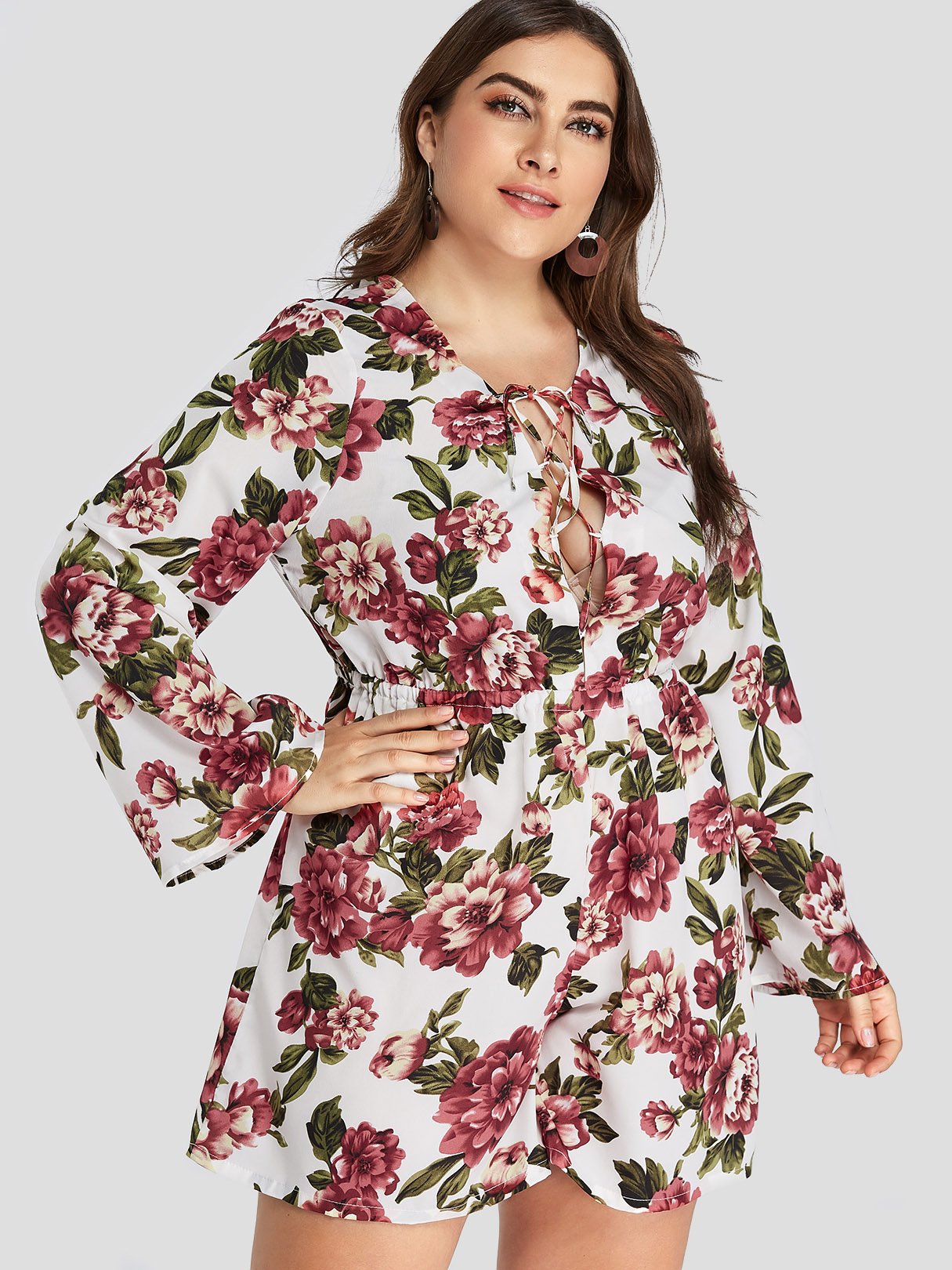 Wholesale V-Neck Floral Print Lace-Up Long Sleeve Plus Size Bottoms
