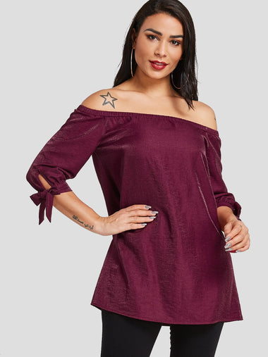 Wholesale Off The Shoulder Self-Tie Half Sleeve Burgundy Blouses