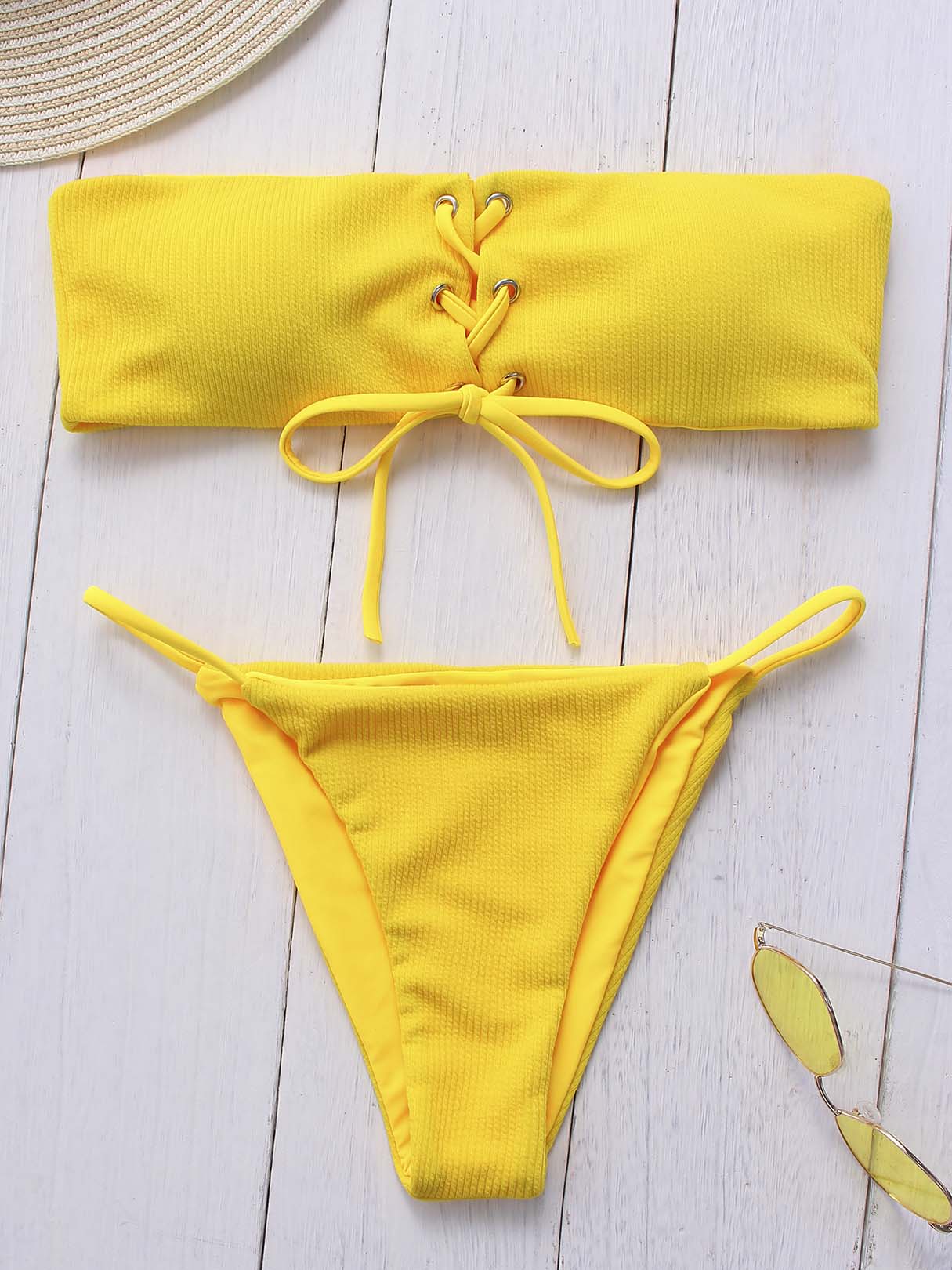 Wholesale Off The Shoulder Plain Lace-Up Sleeveless Yellow Bikinis