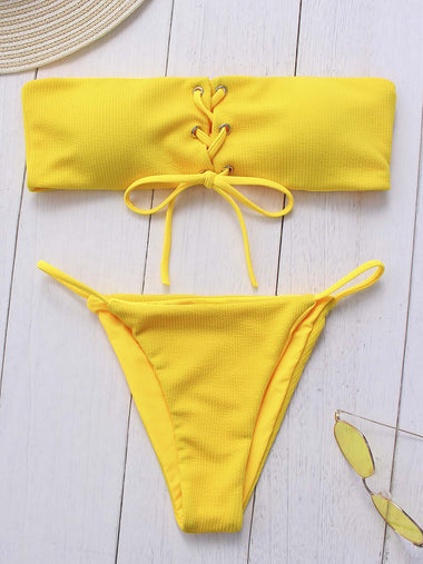 Wholesale Off The Shoulder Plain Lace-Up Sleeveless Yellow Bikinis