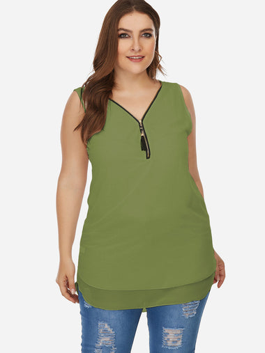 Wholesale V-Neck Plain Criss-Cross Sleeveless Curved Hem Green Plus Size Tops