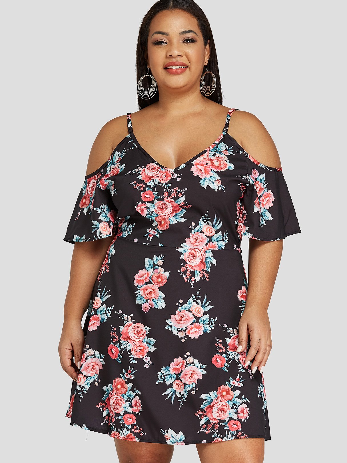 Wholesale V-Neck Cold Shoulder Floral Print Backless Spaghetti Strap Half Sleeve Flounced Hem Black Plus Size Dresses
