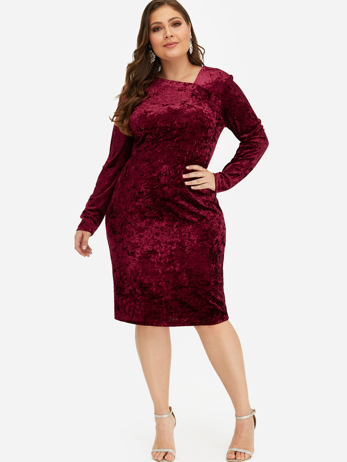 Wholesale Plain Long Sleeve Bodycon Burgundy Plus Size Dress