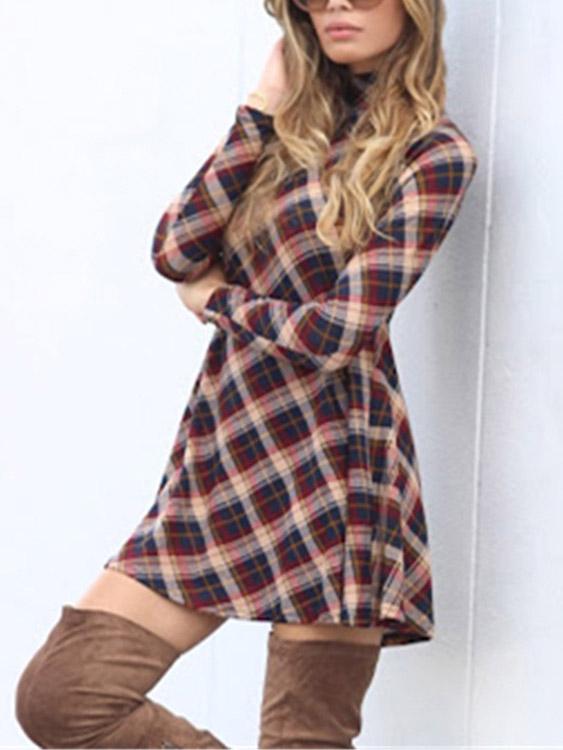 Wholesale Grid Chimney Collar Long Sleeve Grid Casual Dress