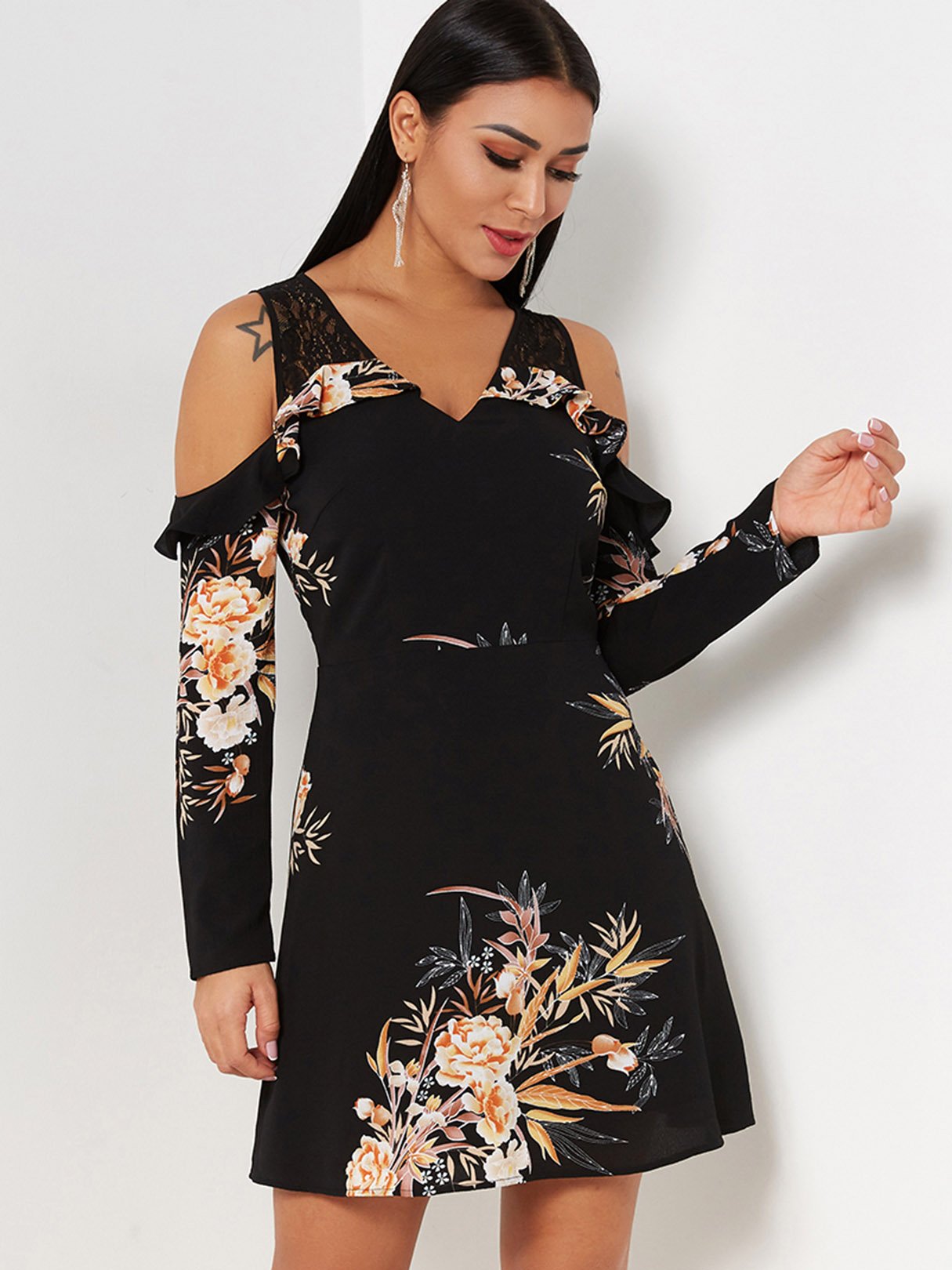 OEM Ladies Black Floral Dresses