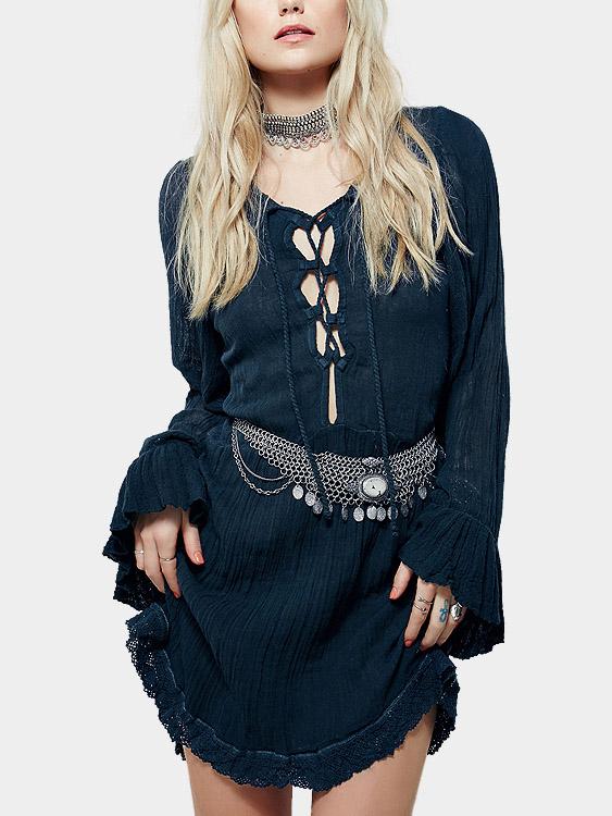 Wholesale Navy Round Neck Long Sleeve Lace-Up Casual Dress