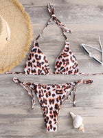 Wholesale Halter Leopard Backless Tie-Up Bikinis Set