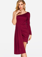 Wholesale Burgundy One Shoulder Long Sleeve Pleated Irregular Hem Sexy Dresses