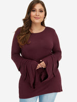 Wholesale Scoop Neck Plain Tiered Pleated Long Sleeve Burgundy Plus Size Tops