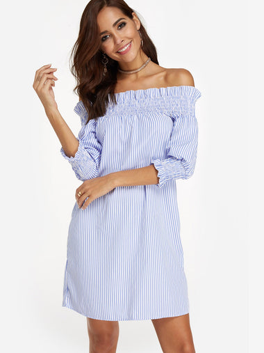 Wholesale Sky Blue Off The Shoulder Half Sleeve Stripe Backless Lace-Up Dress
