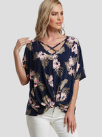 Wholesale V-Neck Floral Print Criss-Cross Twist Short Sleeve Navy T-Shirts