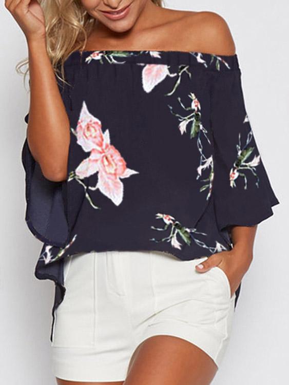 Wholesale Off The Shoulder Floral Print Slit 3/4 Sleeve Irregular Hem Navy Blouses