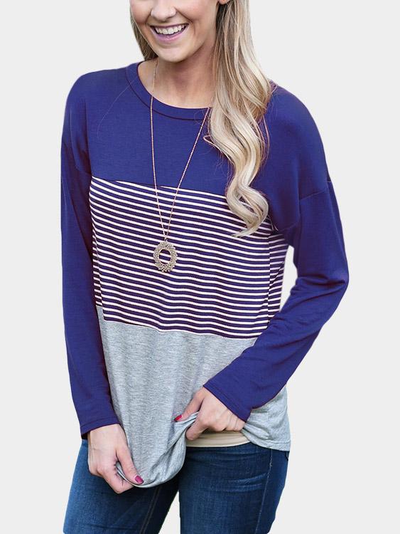 Wholesale Stripe Stitching Round Neck Long Sleeves T-Shirt