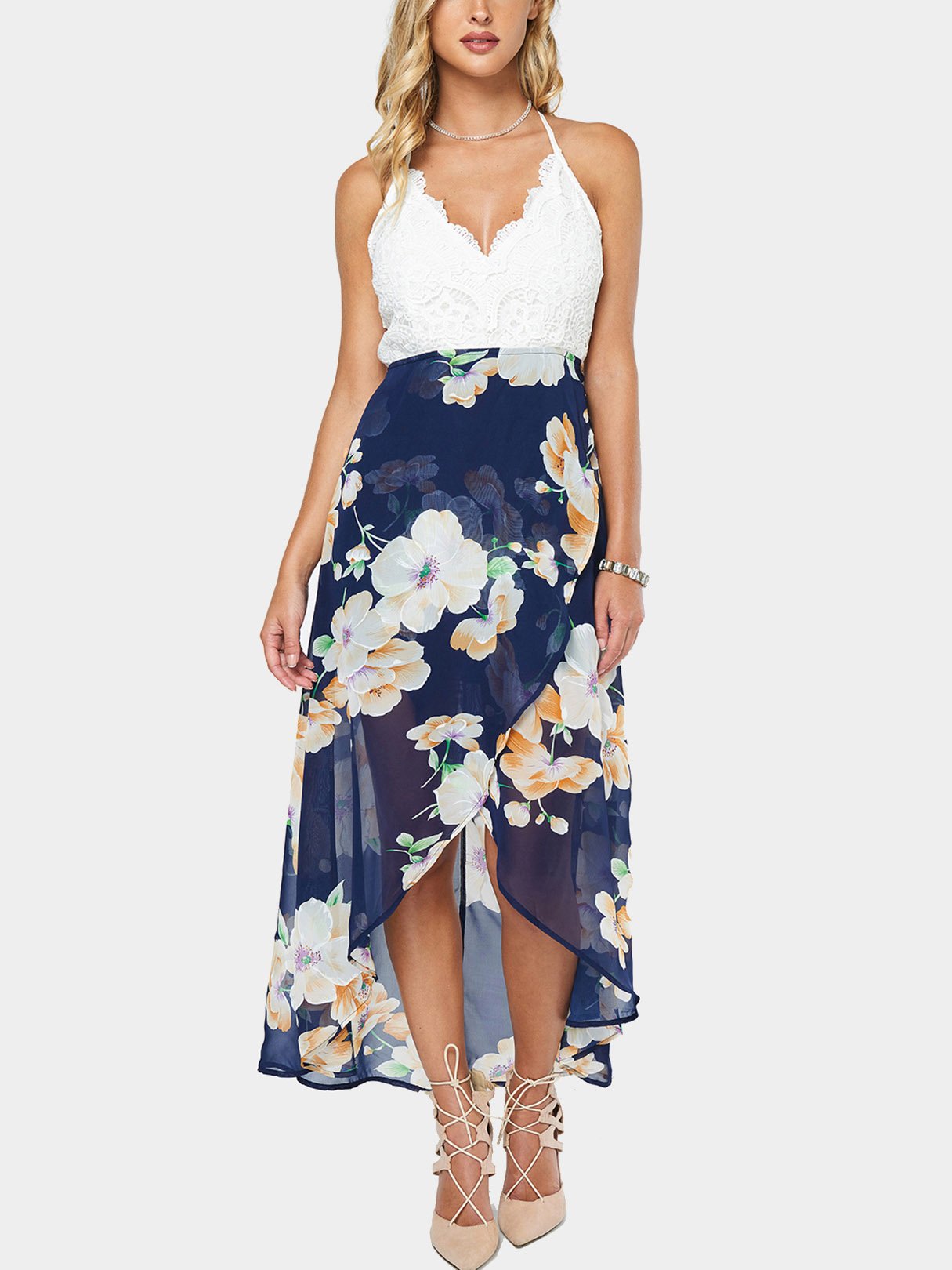 Wholesale V-Neck Sleeveless Floral Print Lace Backless Maxi Dresses