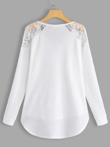 Wholesale V-Neck Plain Lace Zip Back Hollow Long Sleeve Curved Hem White T-Shirts