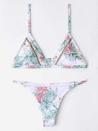 Wholesale White Sleeveless Floral Print Two Piece Bikinis
