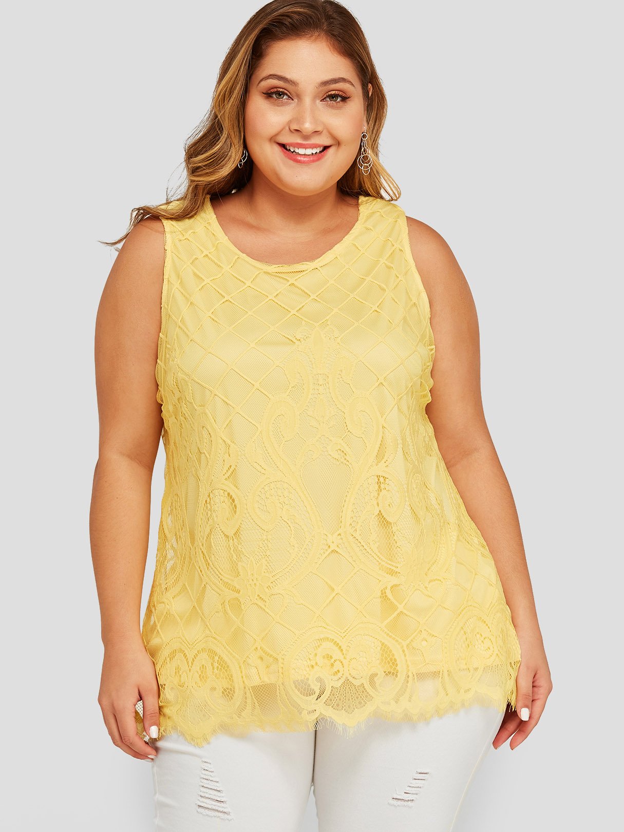Wholesale Round Neck Embroidered Sleeveless Yellow Plus Size Tops