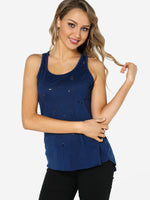 Wholesale Scoop Neck Plain Random Ripped Hollow Sleeveless Curved Hem Navy Camis
