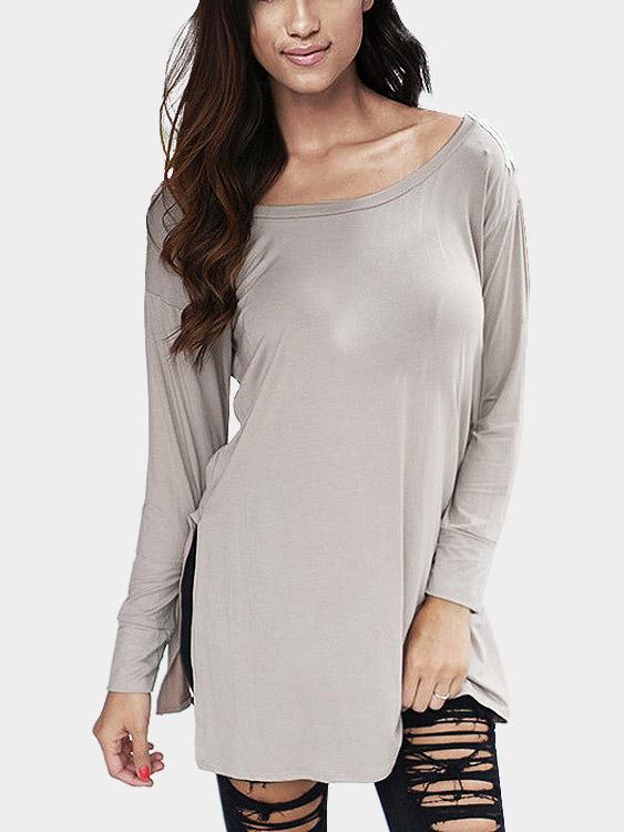 Wholesale Round Neck Lace Long Sleeve Slit Hem Grey T-Shirts