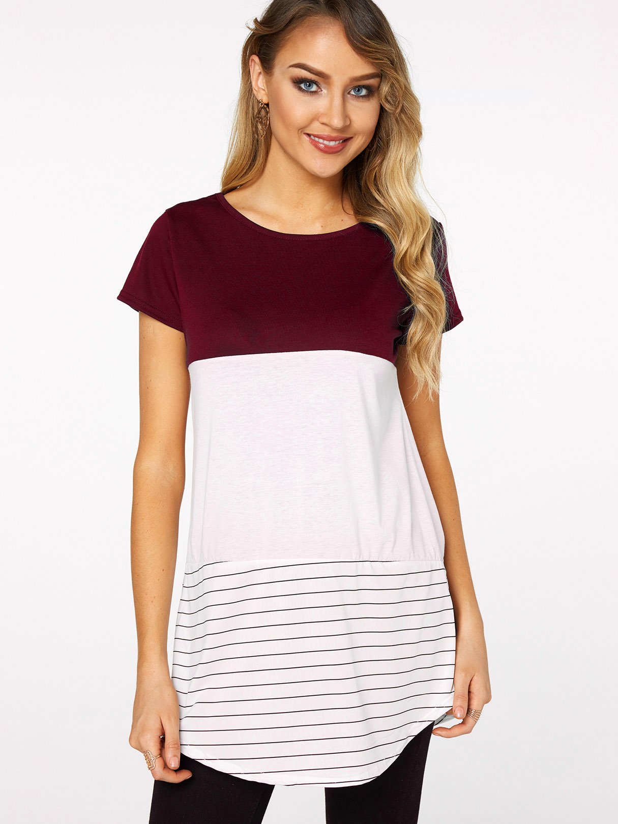 Wholesale Round Neck Stripe Lace Short Sleeve Red T-Shirts