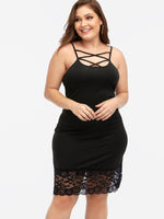 Wholesale Scoop Neck Plain Lace Backless Criss-Cross Sleeveless Black Plus Size Dresses