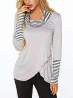 Wholesale Roll Neck Stripe Long Sleeve Irregular Hem T-Shirts