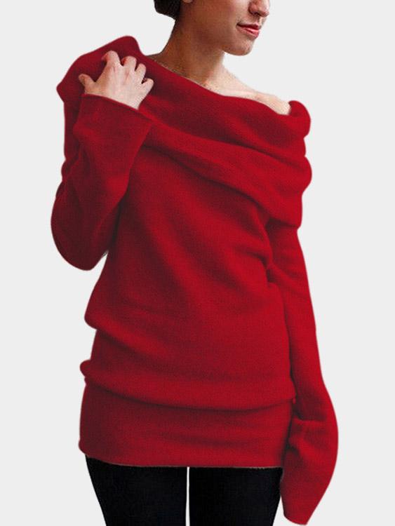 Wholesale Roll Neck One Shoulder Long Sleeve Red T-Shirts