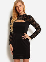Wholesale Black Crew Neck Long Sleeve Plain Lace Cut Out See Through Sexy Dresses