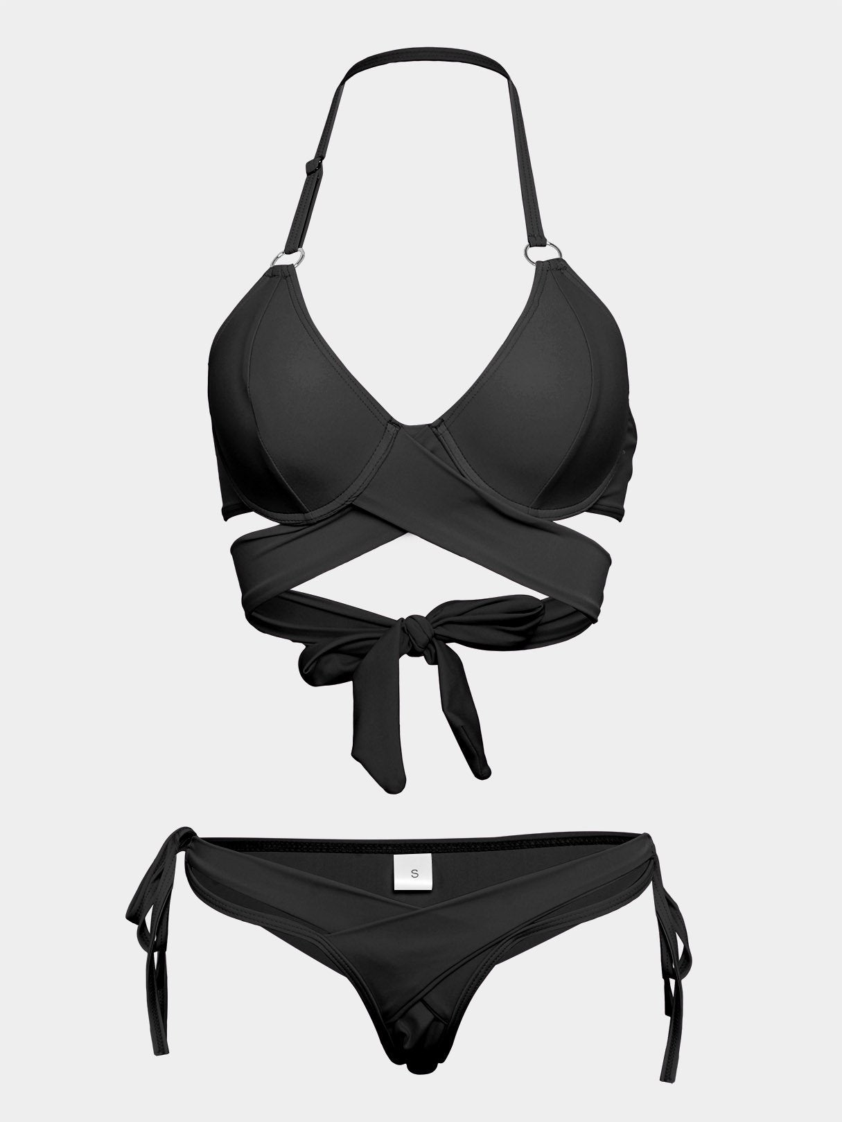Wholesale Black V-Neck Sleeveless Crossed Front Lace-Up Tie-Up Bodycon Two Piece Bikinis
