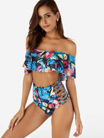 Wholesale Off The Shoulder Sleeveless Floral Print Lace-Up Ruffle Hem High Waist 2 Piece Bikinis