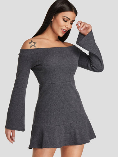 Wholesale Grey Off The Shoulder Long Sleeve Plain Ruffle Hem Dress