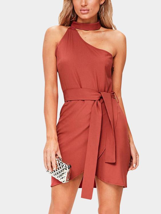 Wholesale Crimson One Shoulder Sleeveless Irregular Hem Sexy Dress