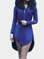 Wholesale Blue Long Sleeve Plain Pleated Irregular Hem Sexy Dresses