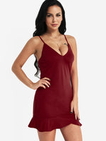 Wholesale V-Neck Plain Spaghetti Strap Sleeveless Ruffle Hem Burgundy Dresses