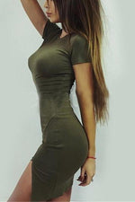 Wholesale Army Green Round Neck Short Sleeve Slit Hem Mini Dress