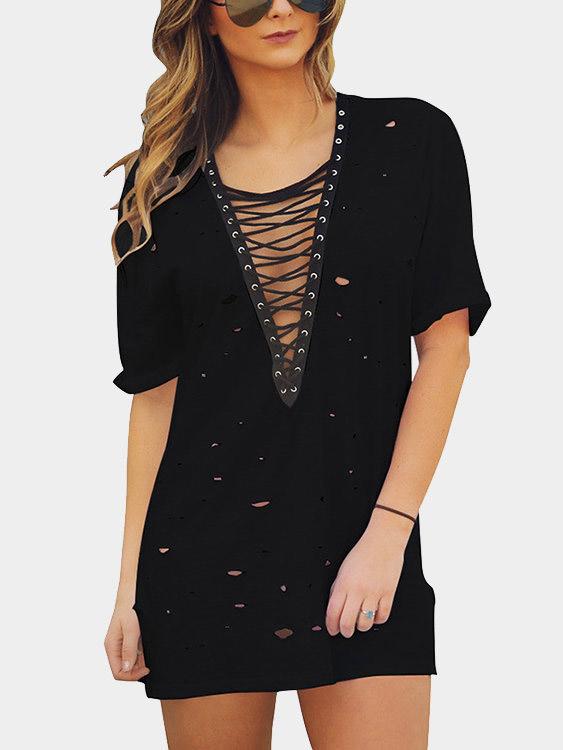 Lace up v neck t shirt dress online
