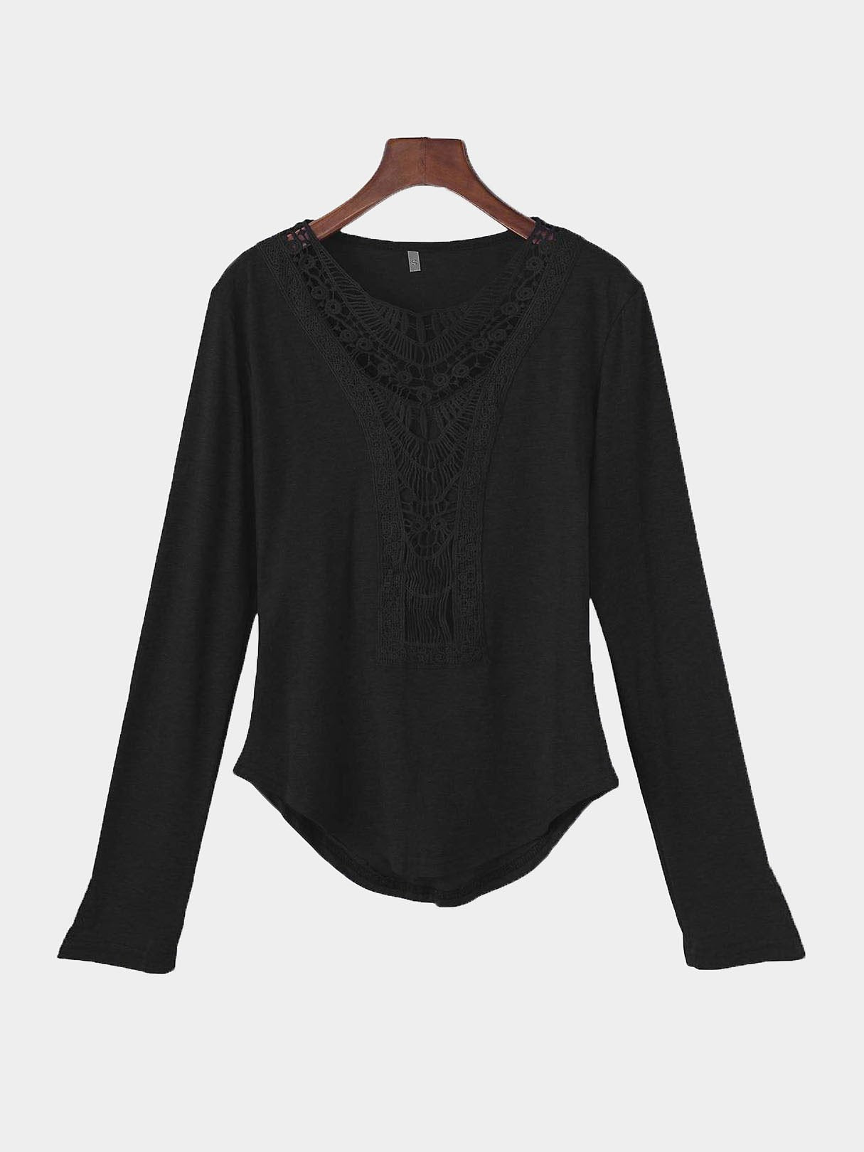 Wholesale Crew Neck Hollow Long Sleeve Black T-Shirts