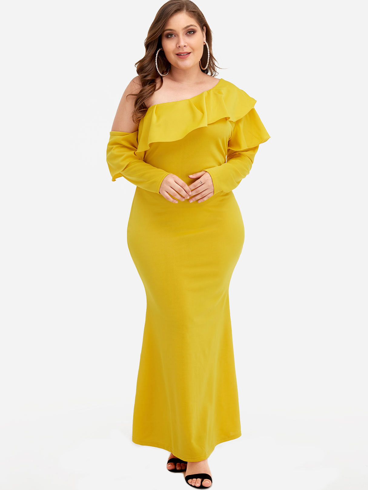 Wholesale One Shoulder Plain Tiered Long Sleeve Yellow Plus Size Maxi Dresses