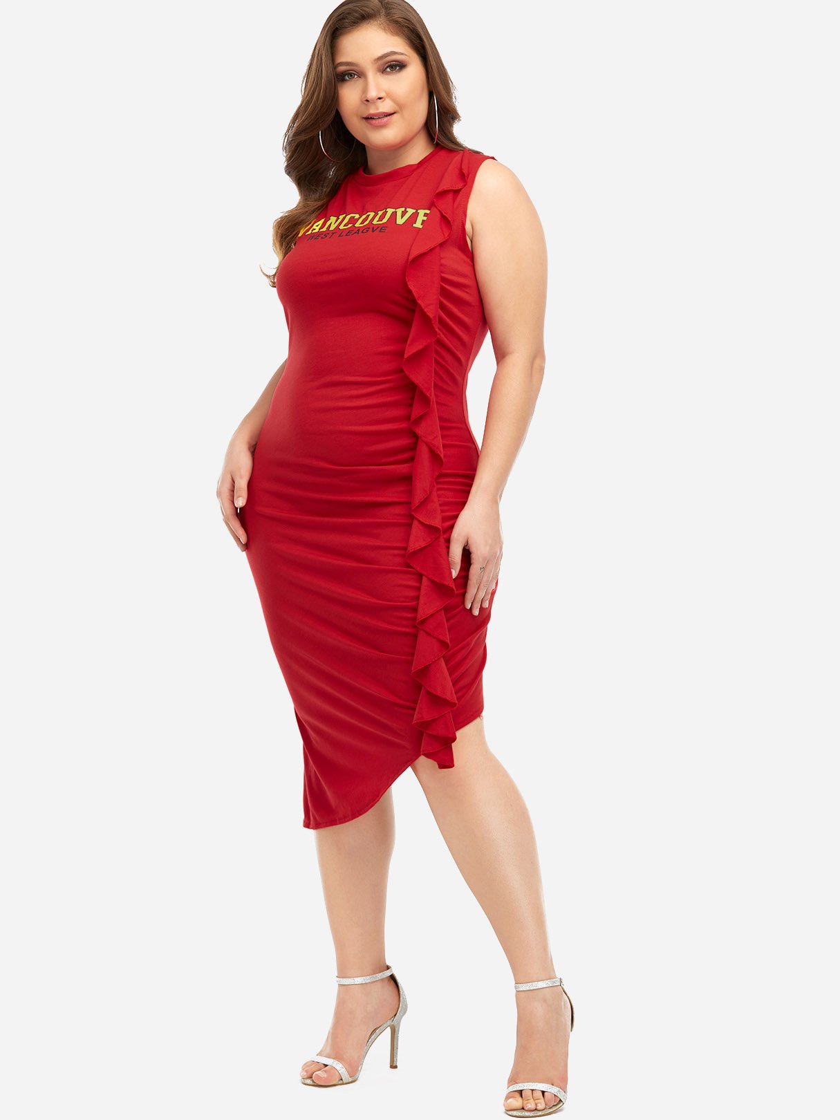 Wholesale Round Neck Letter Pleated Sleeveless Irregular Hem Red Plus Size Dress