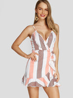 Wholesale Deep V Neck Sleeveless Stripe Self-Tie Wrap Flounced Hem Dresses