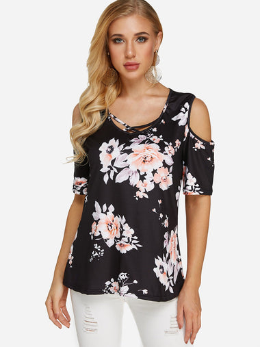 Wholesale Cold Shoulder Floral Print Short Sleeve Blouses