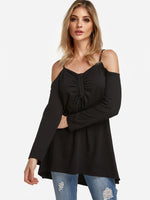 Wholesale Cold Shoulder Lace-Up Long Sleeve Irregular Hem Black Tee