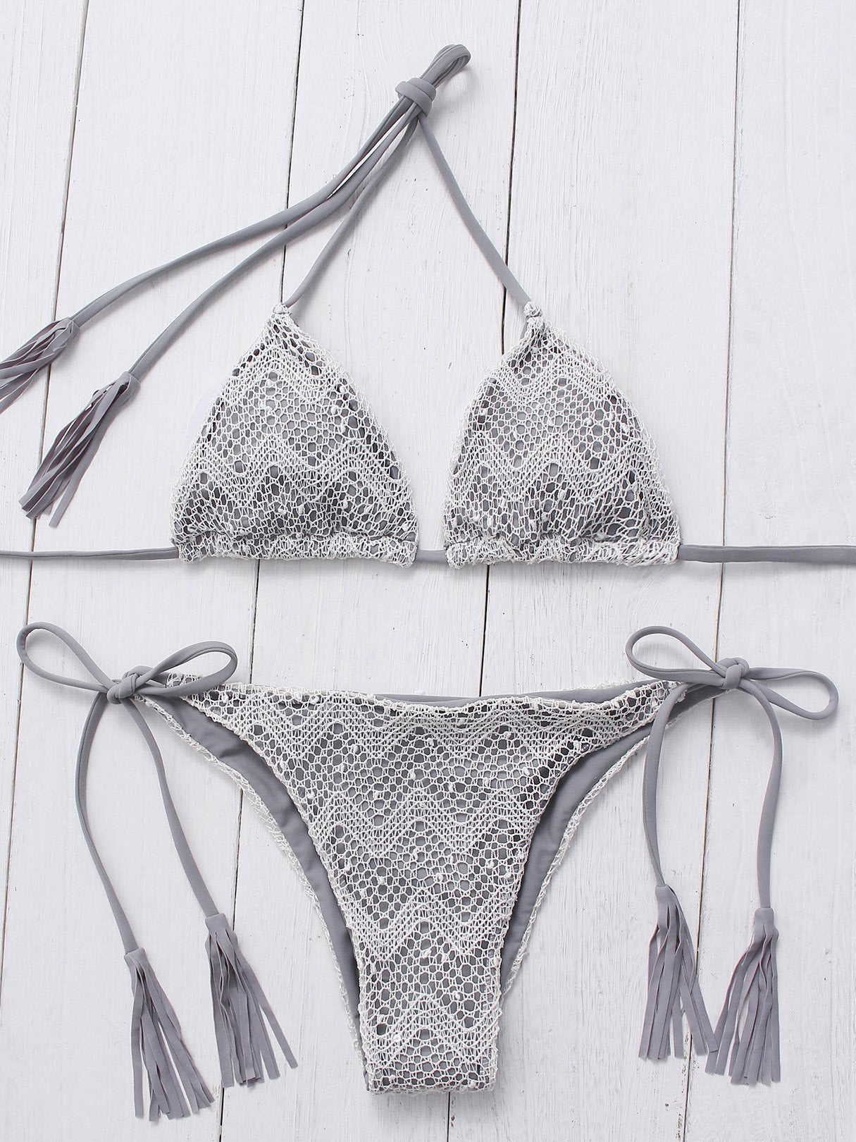 Wholesale Grey V-Neck Sleeveless Floral Print Backless Lace-Up Two Piece Bikinis