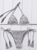 Wholesale Grey V-Neck Sleeveless Floral Print Backless Lace-Up Two Piece Bikinis