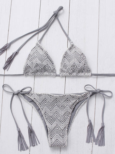 Wholesale Grey V-Neck Sleeveless Floral Print Backless Lace-Up Two Piece Bikinis