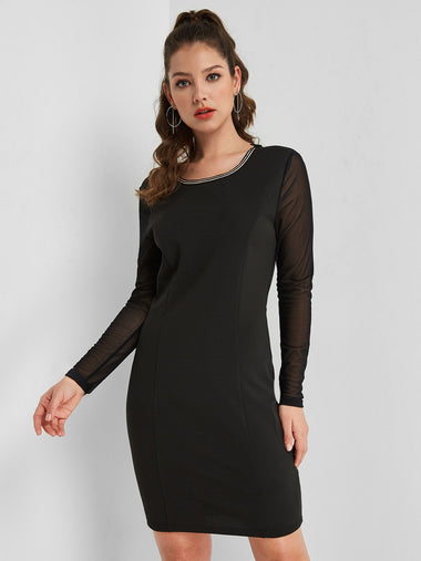 Wholesale Black Scoop Neck Long Sleeve Plain Casual Dresses
