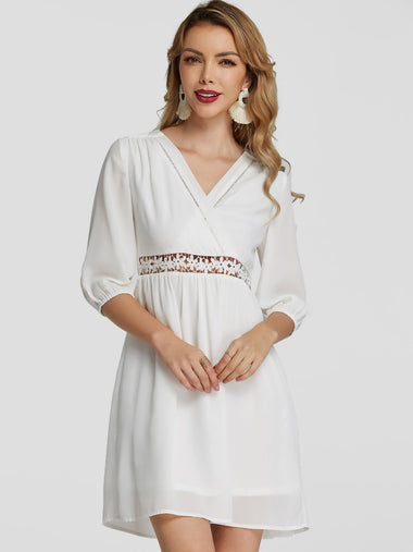 Wholesale White V-Neck Half Sleeve Plain Crossed Front Hollow Mini Dresses