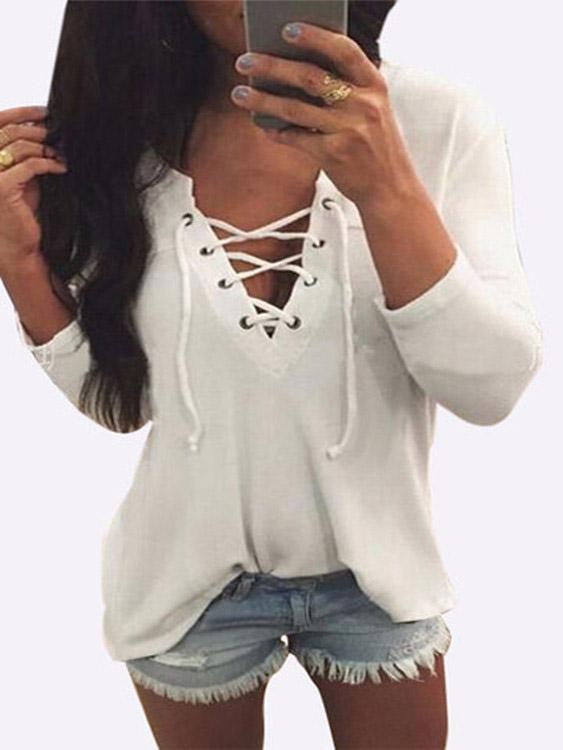 Wholesale Deep V Neck Crossed Front Lace-Up Long Sleeve T-Shirts