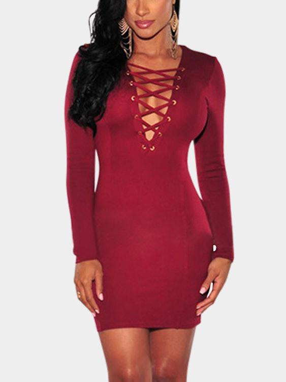 Wholesale Red V-Neck Long Sleeve Plain Bodycon Sexy Dress