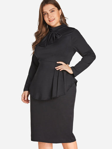 Wholesale Plain Tiered Long Sleeve Bodycon Hem Black Plus Size Dress